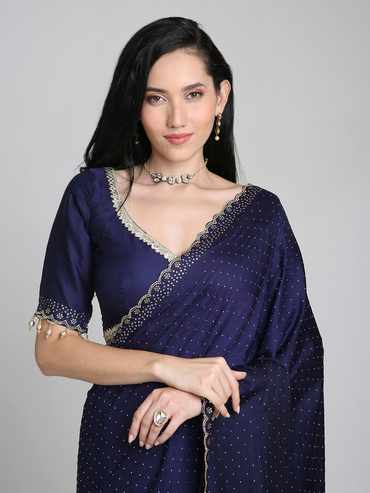 Ameera – Midnight Blue Chinnon Saree with Gold Swarovski Border | Fazals