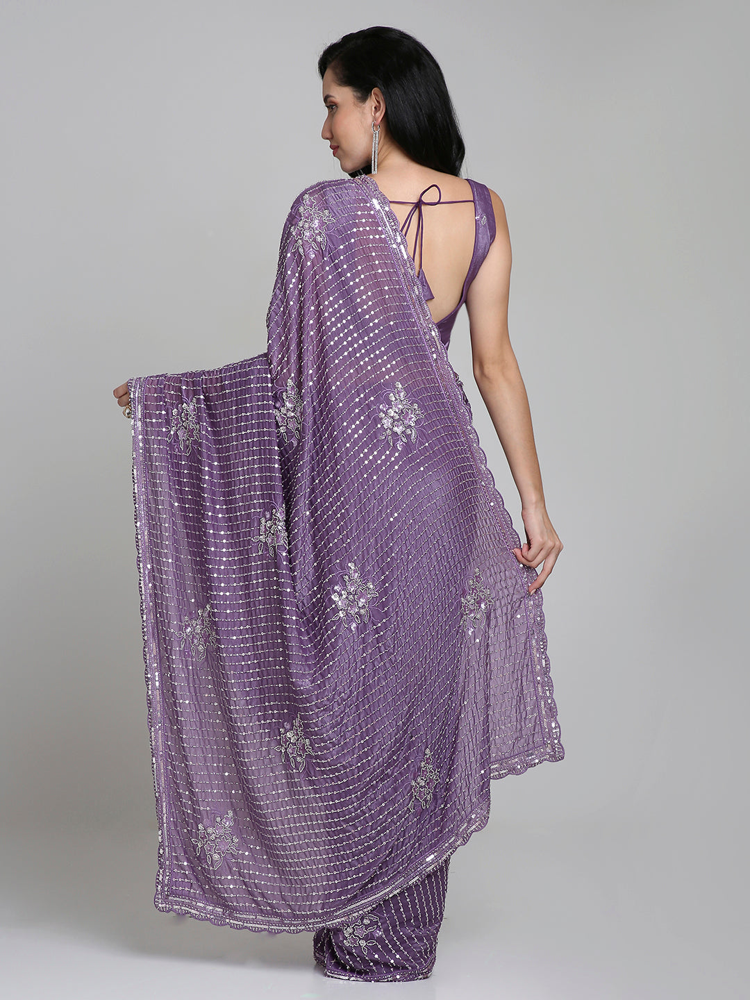 Ishita – Plum Purple Shimmer Net Saree with Sequin Embroidery | Fazals