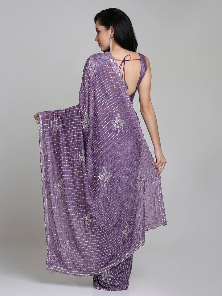 Ishita – Plum Purple Shimmer Net Saree with Sequin Embroidery | Fazals