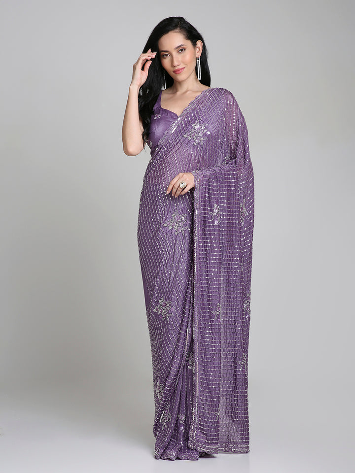 Ishita – Plum Purple Shimmer Net Saree with Sequin Embroidery | Fazals