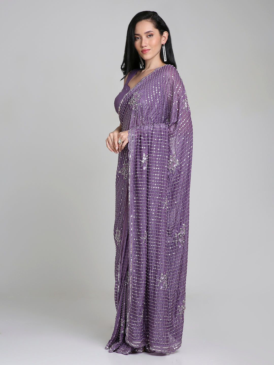 Ishita – Plum Purple Shimmer Net Saree with Sequin Embroidery | Fazals