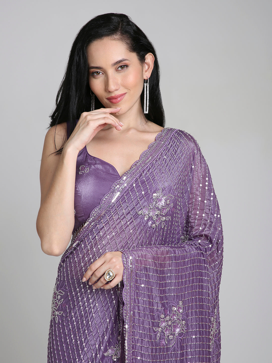 Ishita – Plum Purple Shimmer Net Saree with Sequin Embroidery | Fazals