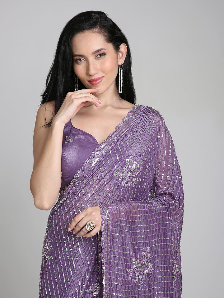 Ishita – Plum Purple Shimmer Net Saree with Sequin Embroidery | Fazals