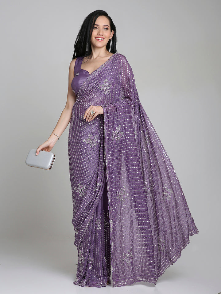 Ishita – Plum Purple Shimmer Net Saree with Sequin Embroidery | Fazals