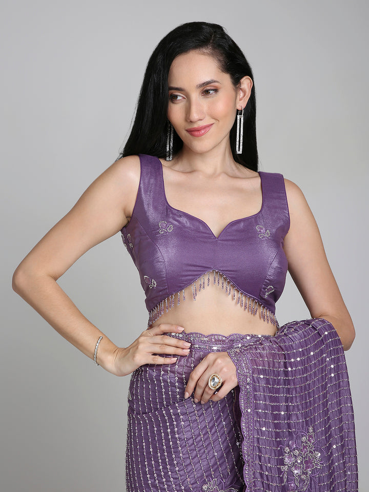 Ishita – Plum Purple Shimmer Net Saree with Sequin Embroidery | Fazals