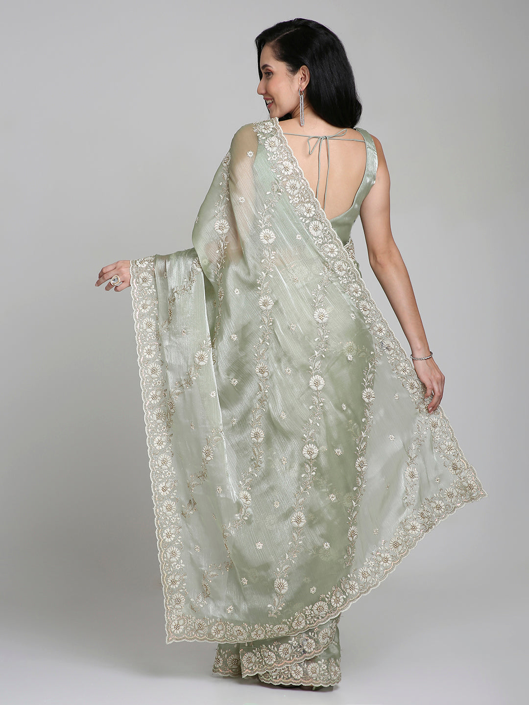 Ishira – Sage Green Embroidered Chiffon Saree with Pearl Lace Border | Fazals
