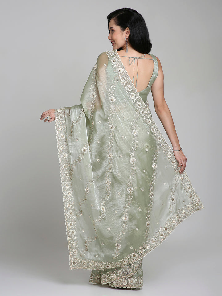 Ishira – Sage Green Embroidered Chiffon Saree with Pearl Lace Border | Fazals