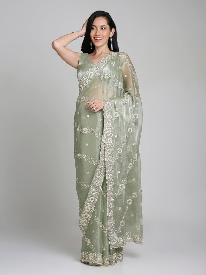 Ishira – Sage Green Embroidered Chiffon Saree with Pearl Lace Border | Fazals