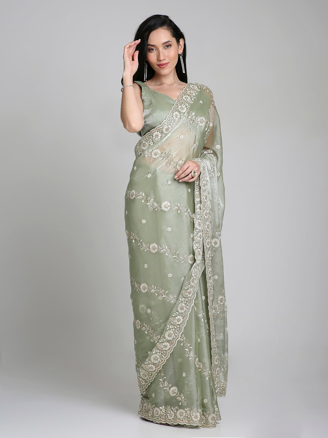 Ishira – Sage Green Embroidered Chiffon Saree with Pearl Lace Border | Fazals
