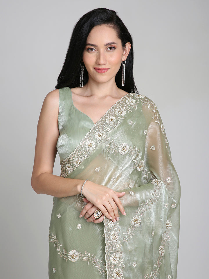 Ishira – Sage Green Embroidered Chiffon Saree with Pearl Lace Border | Fazals