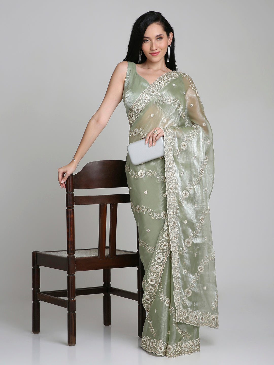 Ishira – Sage Green Embroidered Chiffon Saree with Pearl Lace Border | Fazals