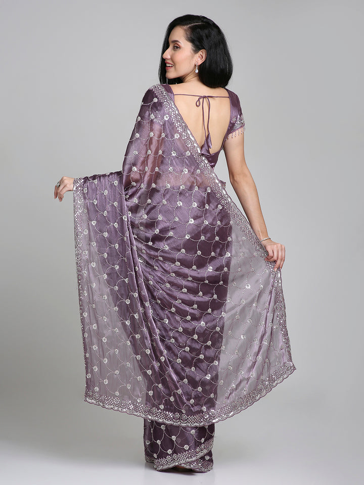 Meher – Lavender Purple Chinnon Saree with Pearl Embroidered Border | Fazals