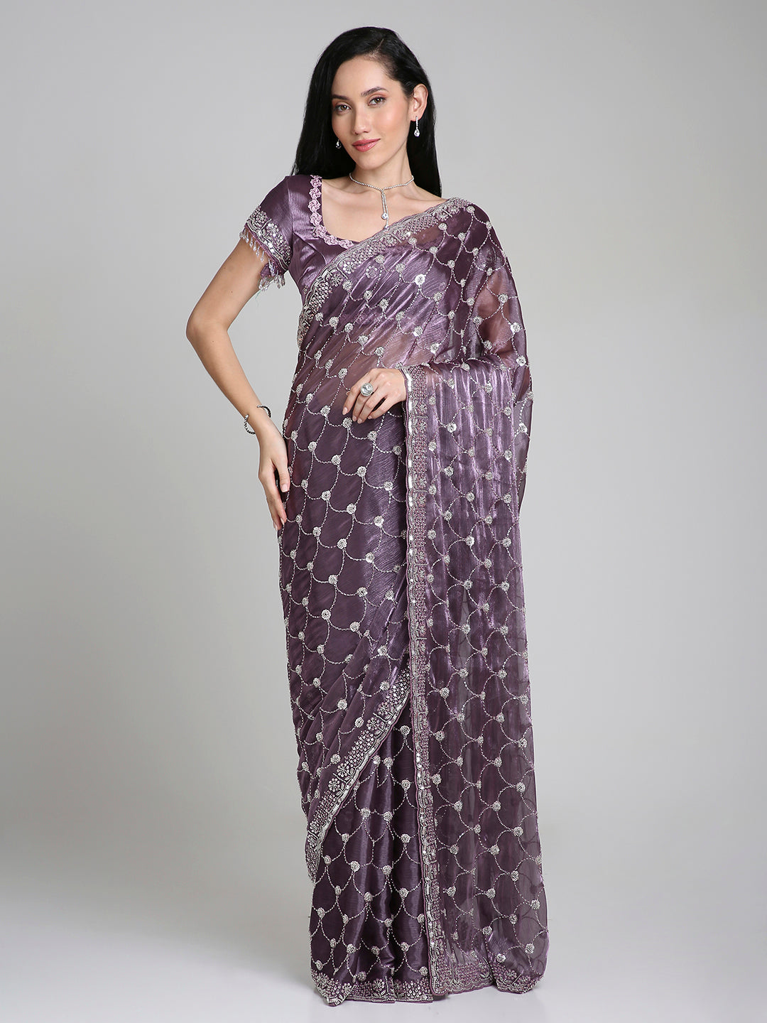 Meher – Lavender Purple Chinnon Saree with Pearl Embroidered Border | Fazals