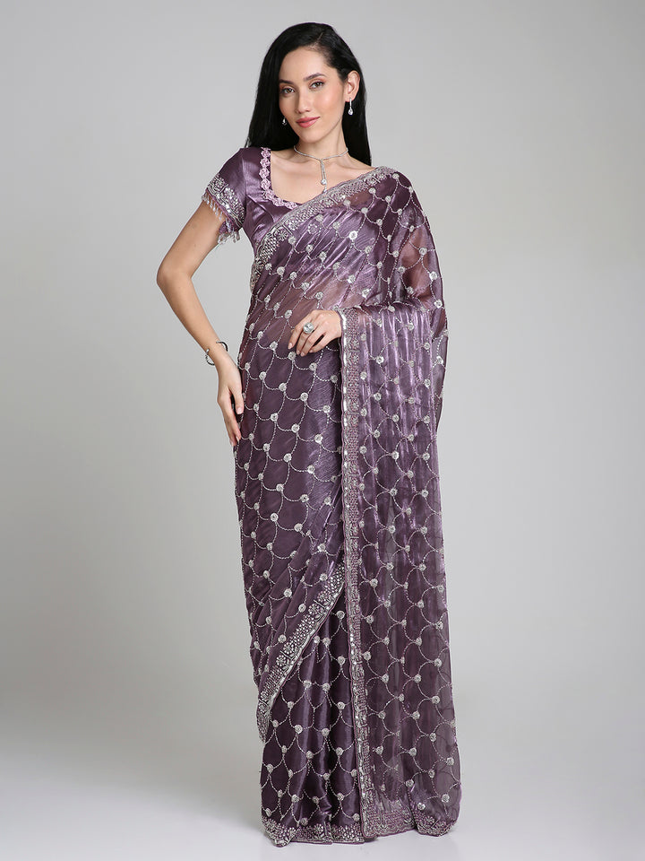 Meher – Lavender Purple Chinnon Saree with Pearl Embroidered Border | Fazals