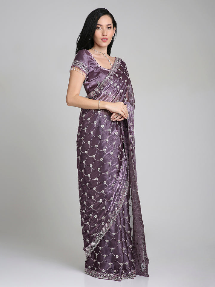 Meher – Lavender Purple Chinnon Saree with Pearl Embroidered Border | Fazals