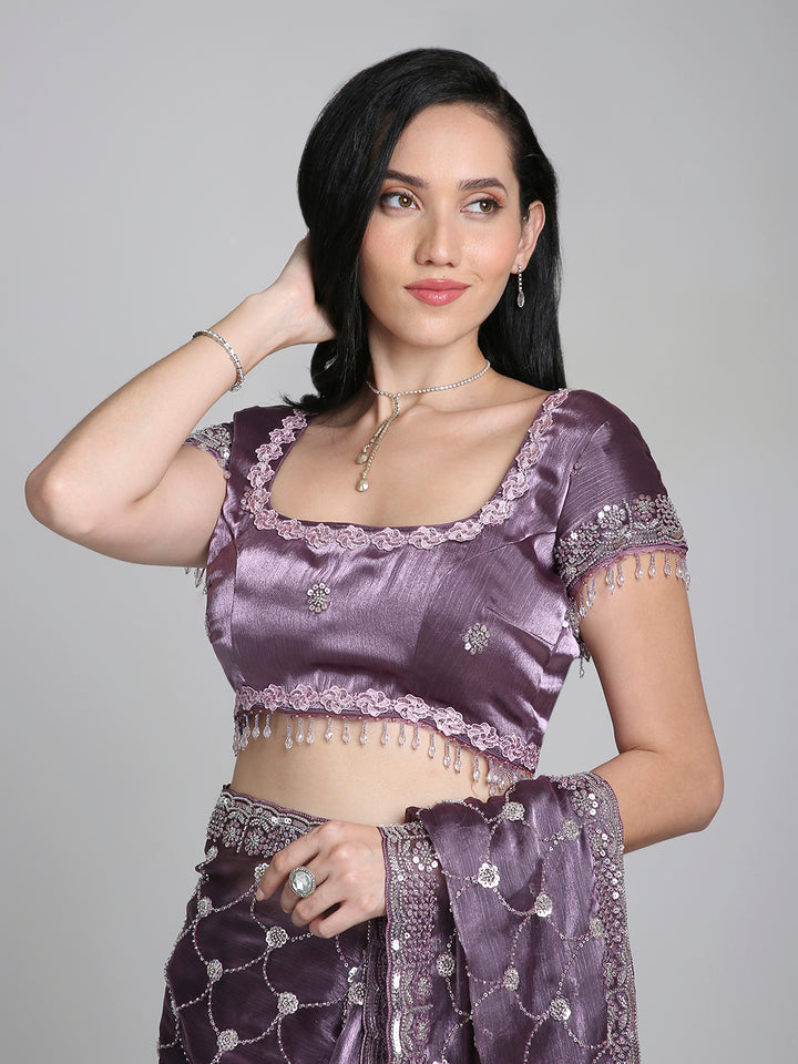 Meher – Lavender Purple Chinnon Saree with Pearl Embroidered Border | Fazals