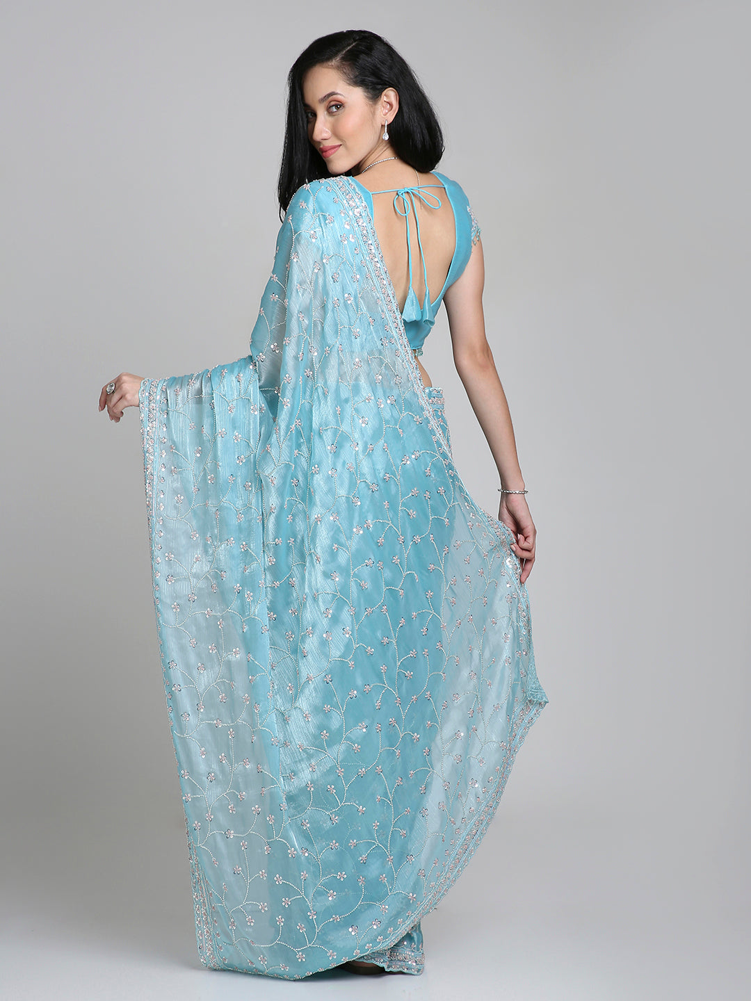 Aleya – Ice Blue Chinnon Saree with Sequin Embroidery | Fazals
