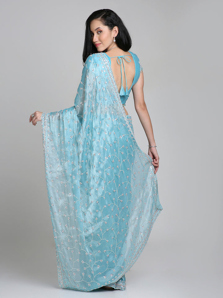 Aleya – Ice Blue Chinnon Saree with Sequin Embroidery | Fazals
