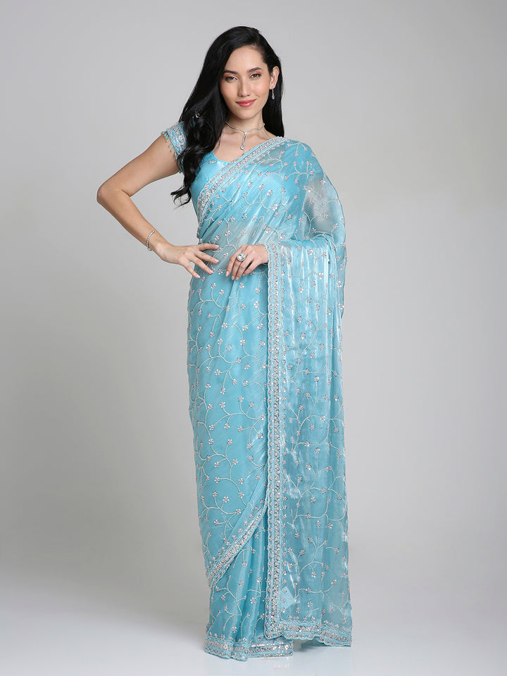 Aleya – Ice Blue Chinnon Saree with Sequin Embroidery | Fazals