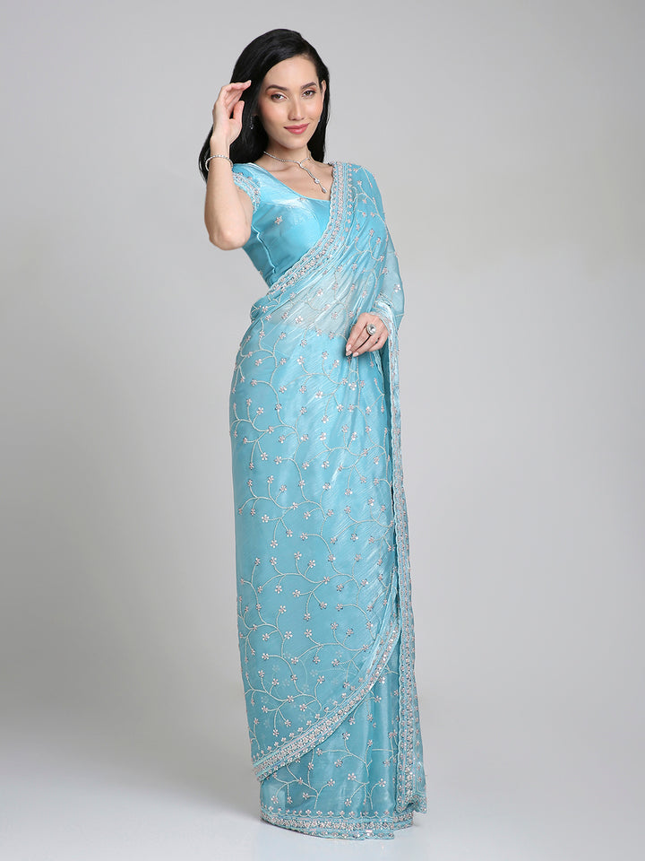 Aleya – Ice Blue Chinnon Saree with Sequin Embroidery | Fazals