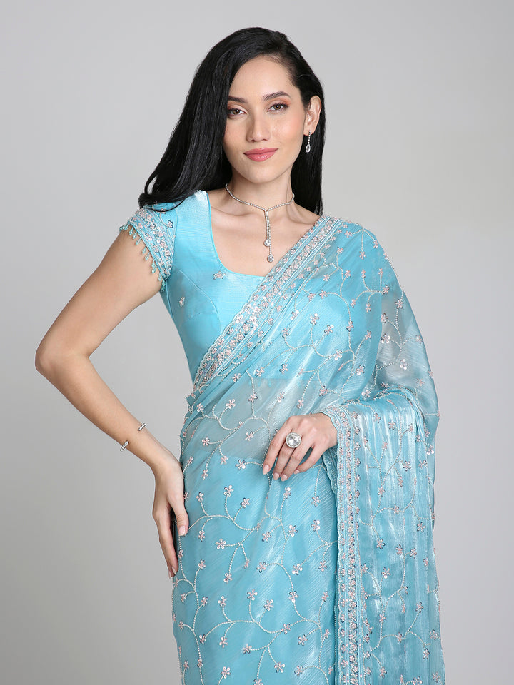Aleya – Ice Blue Chinnon Saree with Sequin Embroidery | Fazals