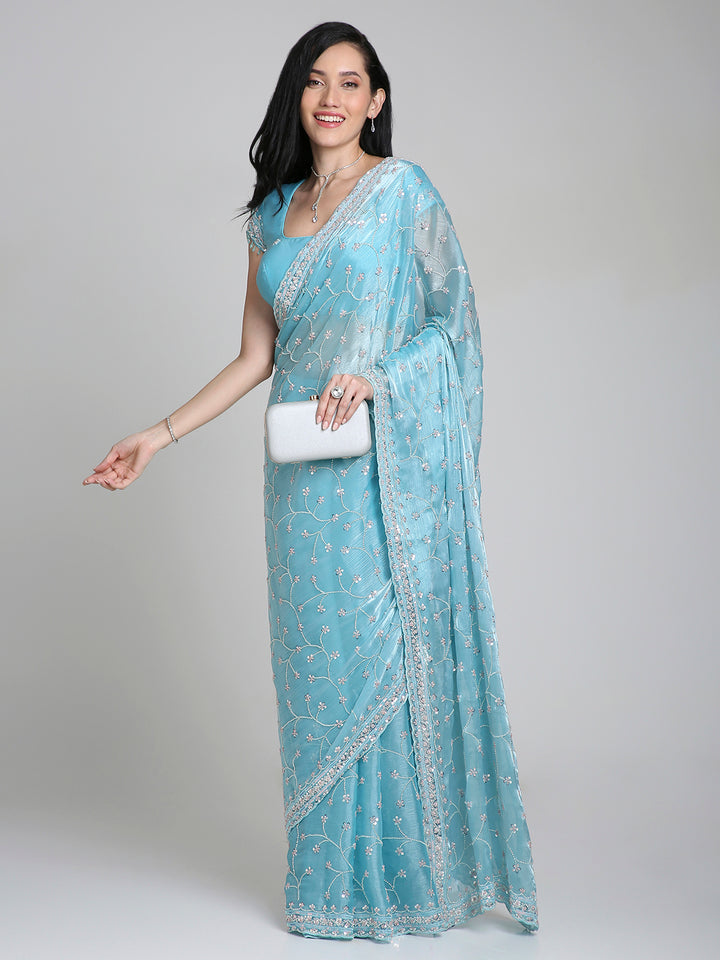 Aleya – Ice Blue Chinnon Saree with Sequin Embroidery | Fazals