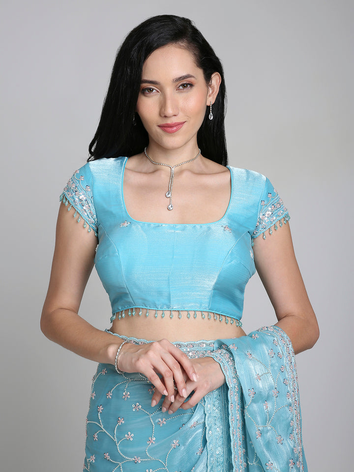 Aleya – Ice Blue Chinnon Saree with Sequin Embroidery | Fazals