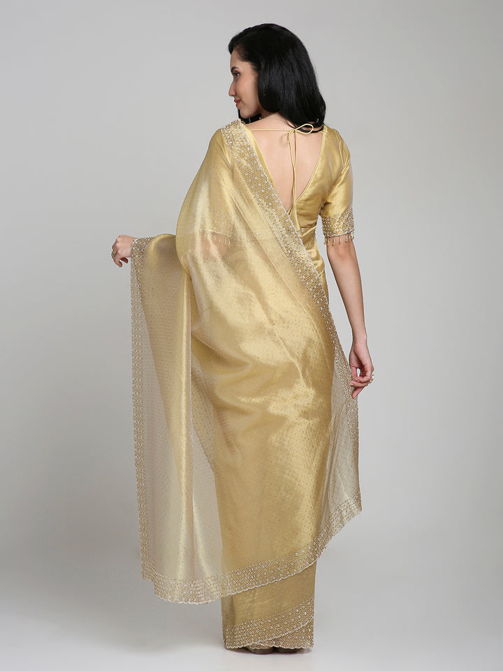 Devika – Gold Tissue Silk Saree with Crystal Border | Fazals