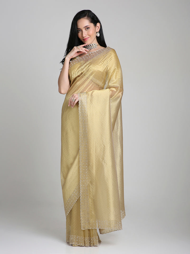 Devika – Gold Tissue Silk Saree with Crystal Border | Fazals