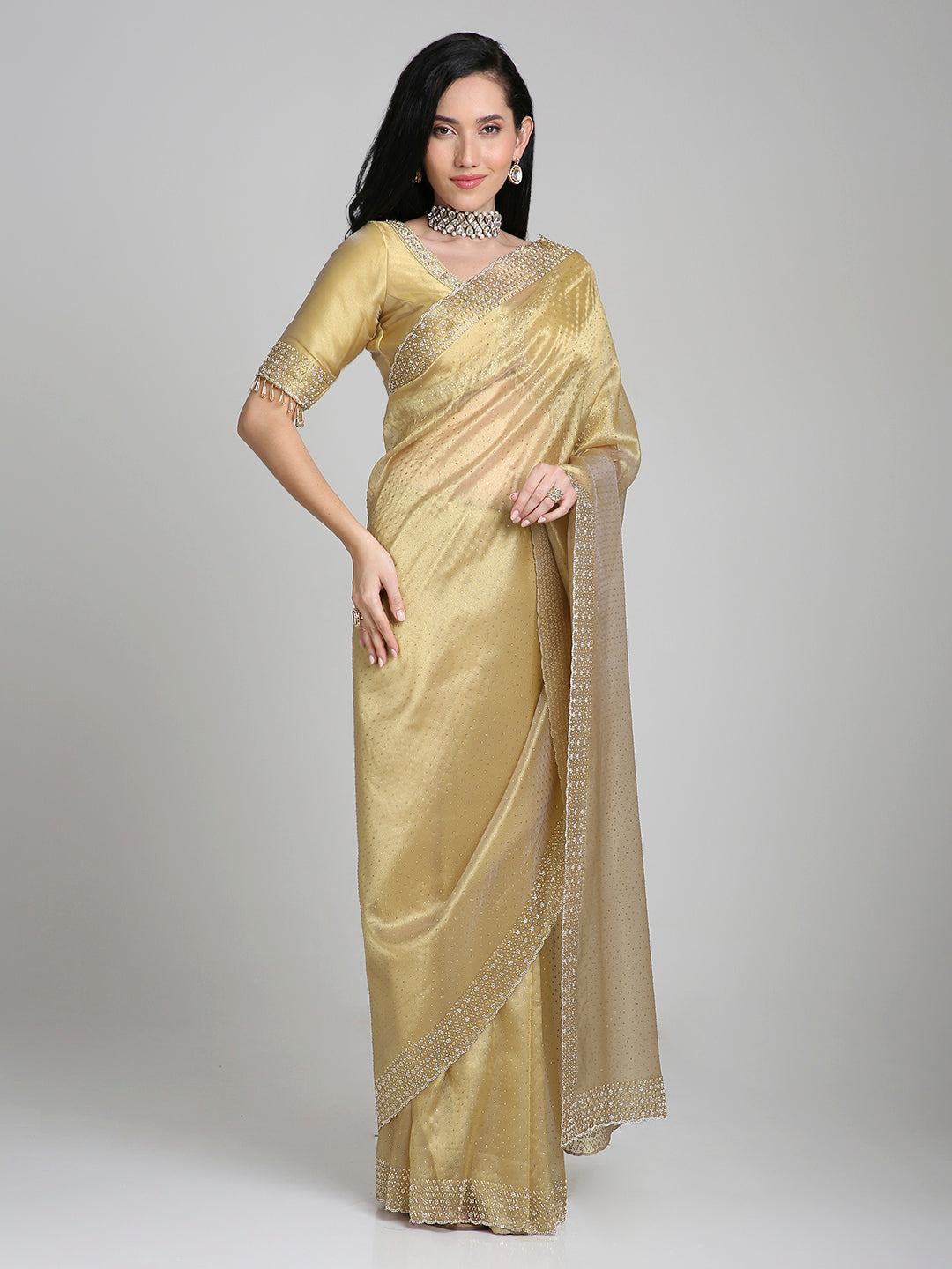 Devika – Gold Tissue Silk Saree with Crystal Border | Fazals