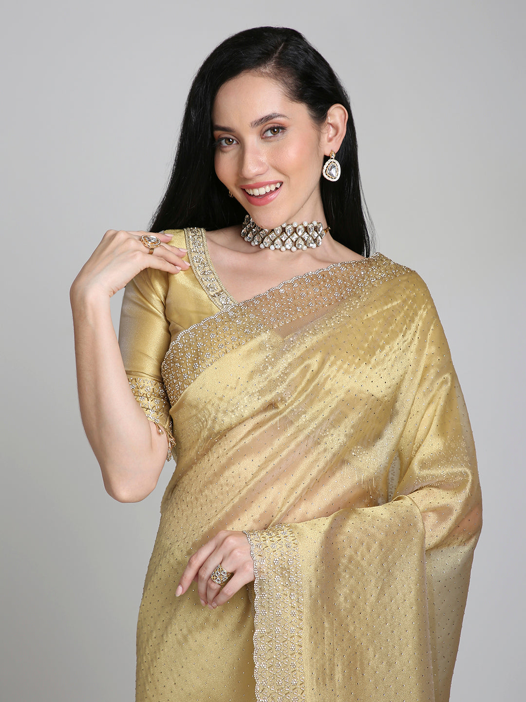 Devika – Gold Tissue Silk Saree with Crystal Border | Fazals