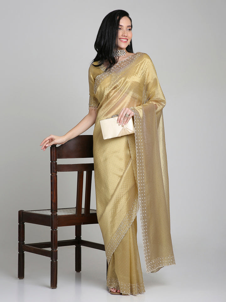 Devika – Gold Tissue Silk Saree with Crystal Border | Fazals