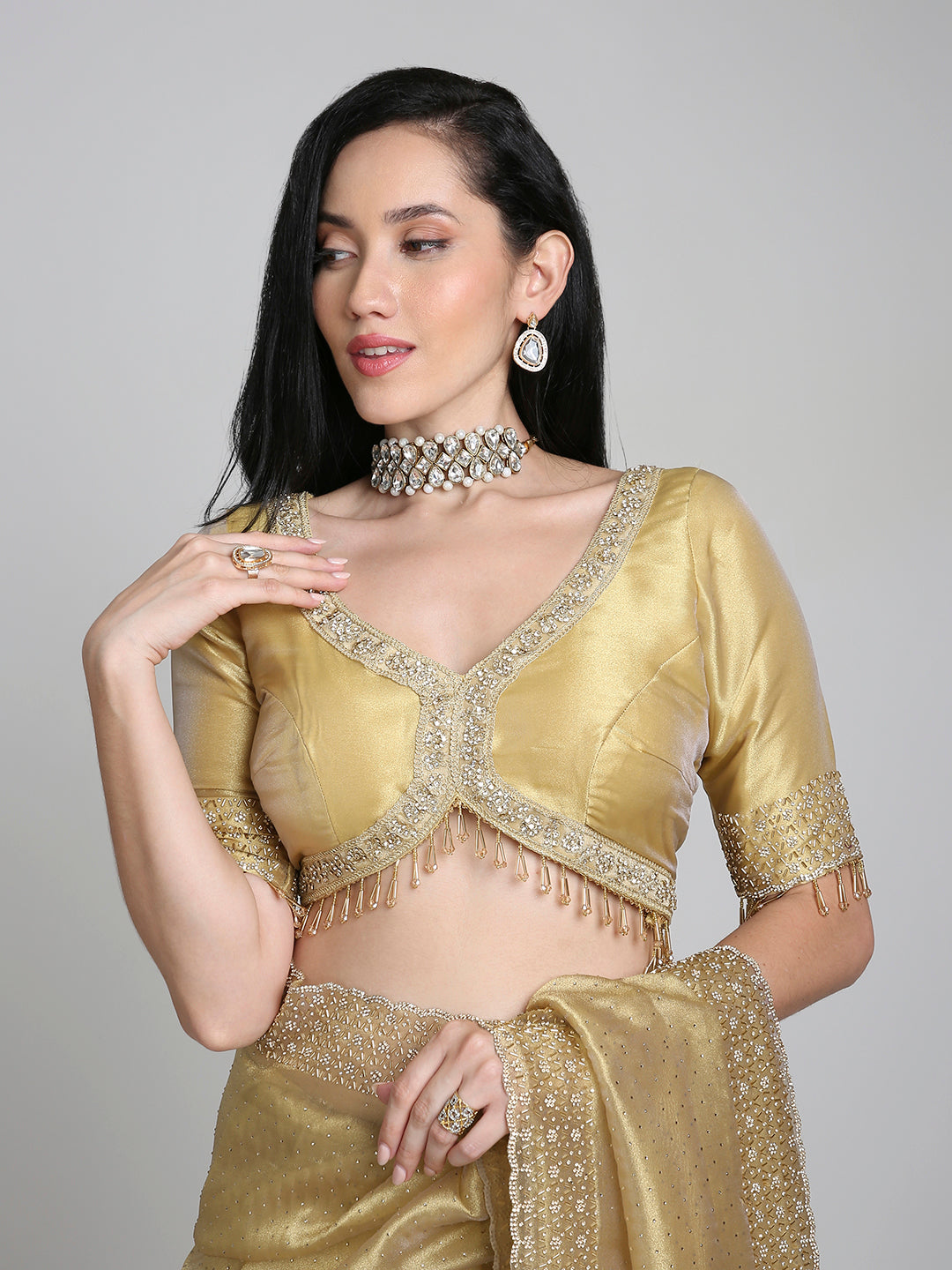 Devika – Gold Tissue Silk Saree with Crystal Border | Fazals