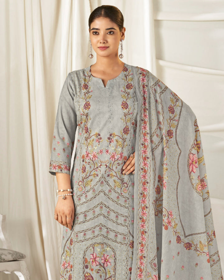 43992 - Printed Cotton Embroidered Suit With Cotton Duppatta