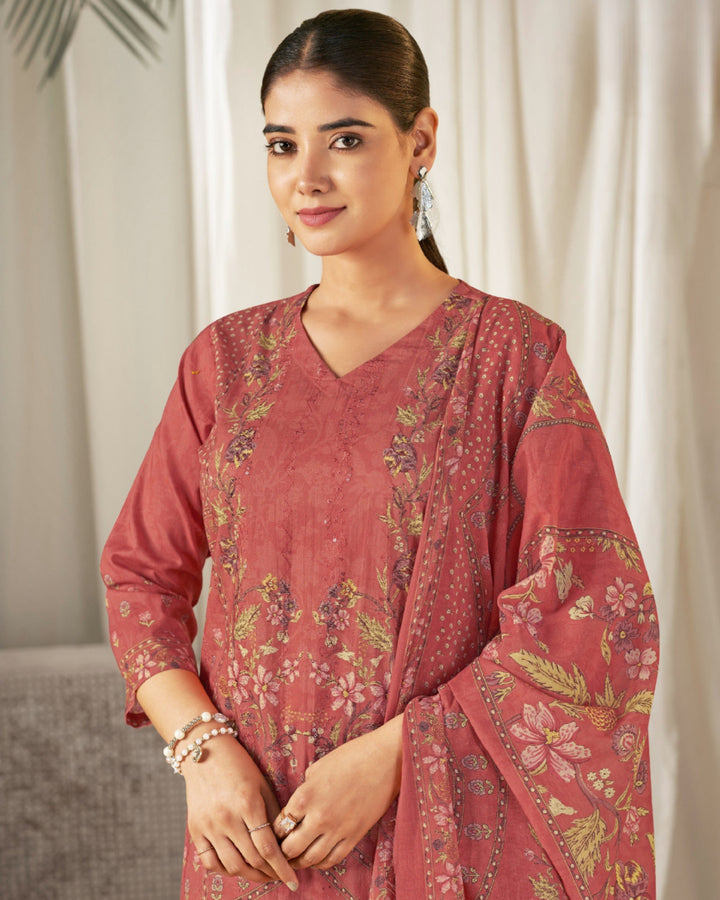 43993 - Printed Cotton Embroidered Suit With Cotton Duppatta