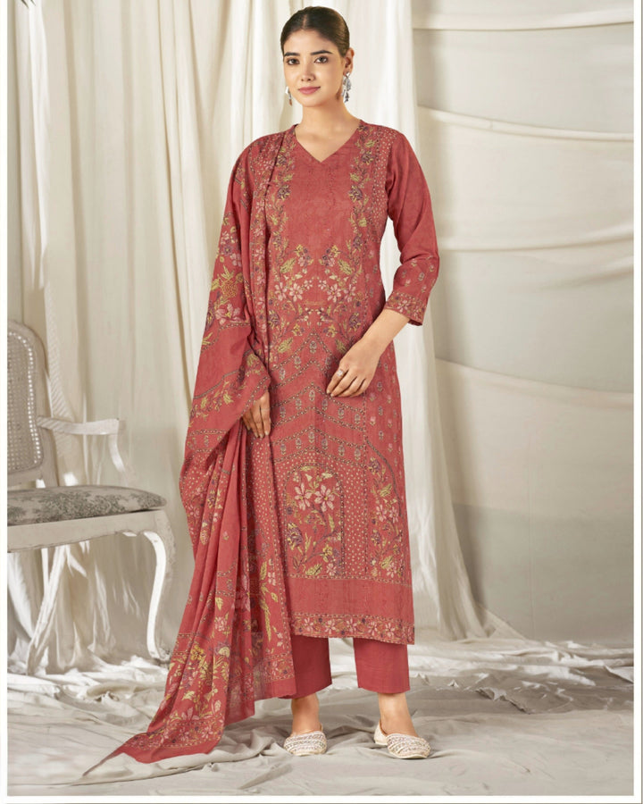 43993 - Printed Cotton Embroidered Suit With Cotton Duppatta