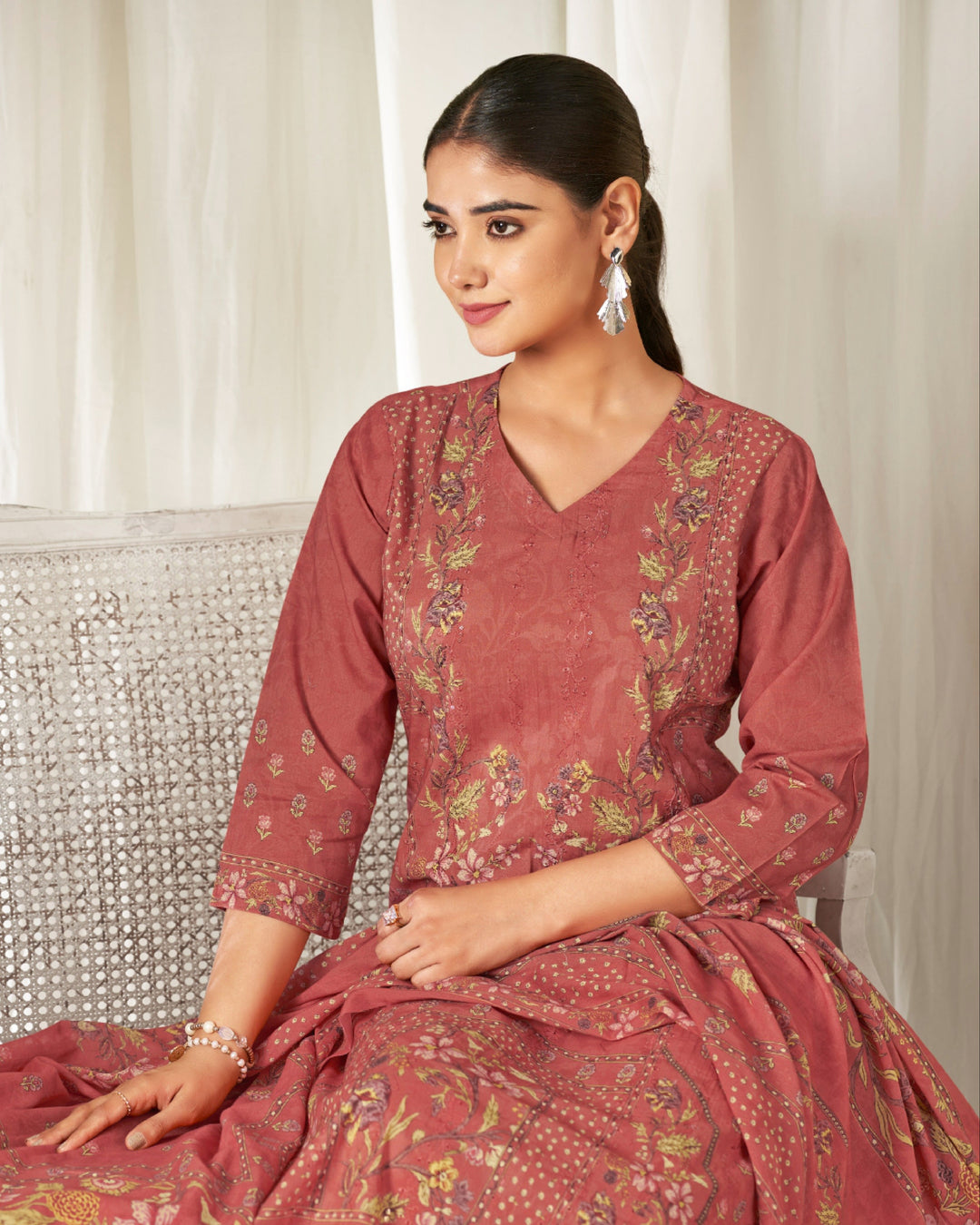 43993 - Printed Cotton Embroidered Suit With Cotton Duppatta