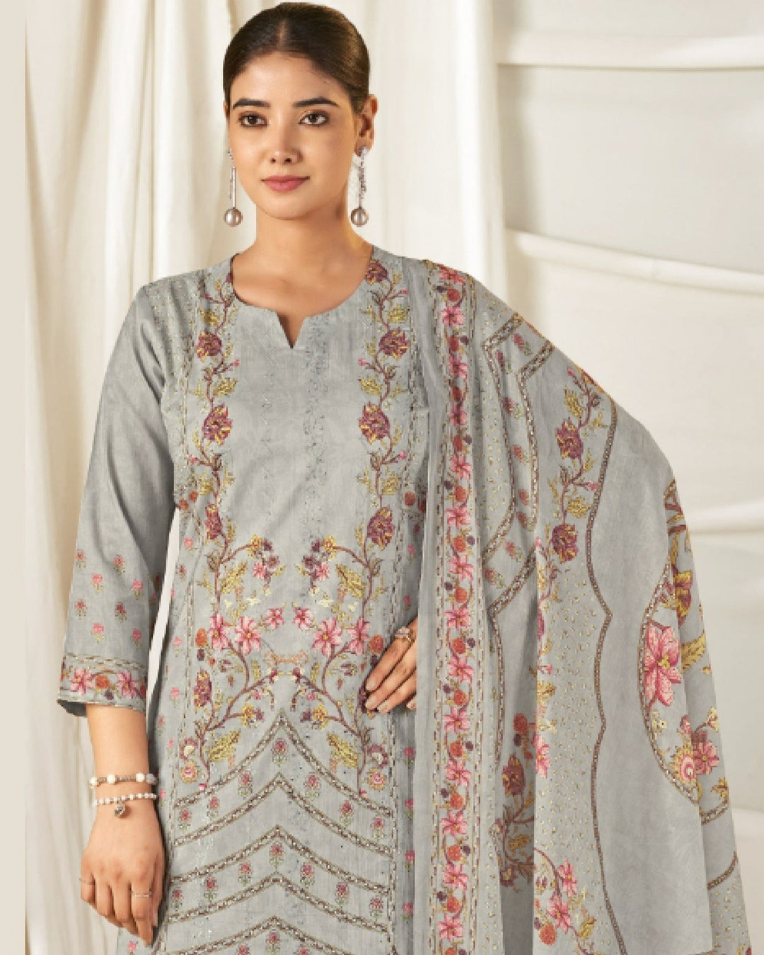 43992 - Printed Cotton Embroidered Suit With Cotton Duppatta