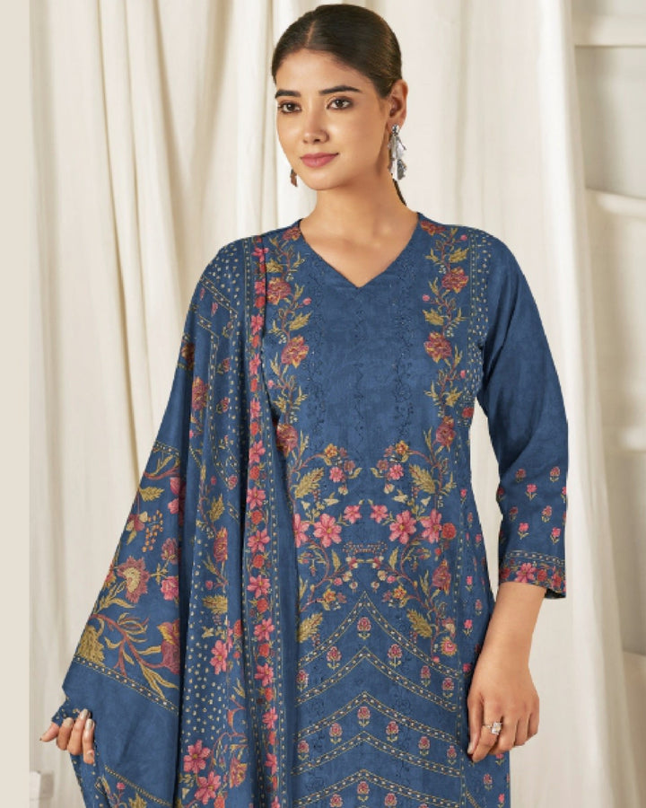 43994 - Printed Cotton Embroidered Suit With Cotton Duppatta