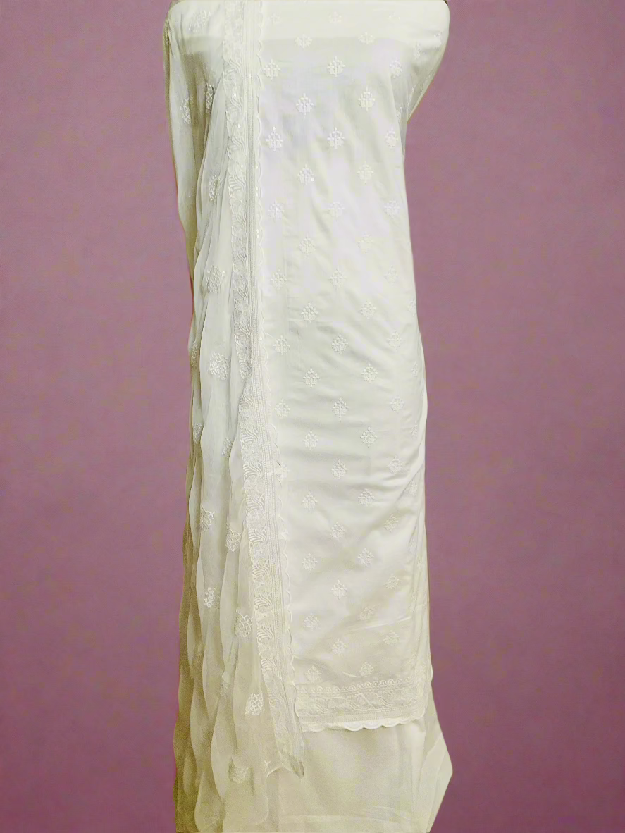 White Cotton Embroidery Unstitched Suit