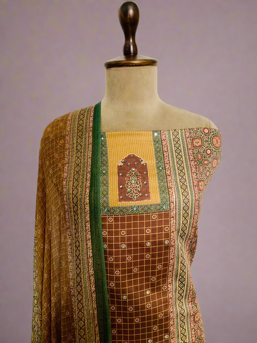 Printed Cotton Embroidered Unstitched Salwar Suit