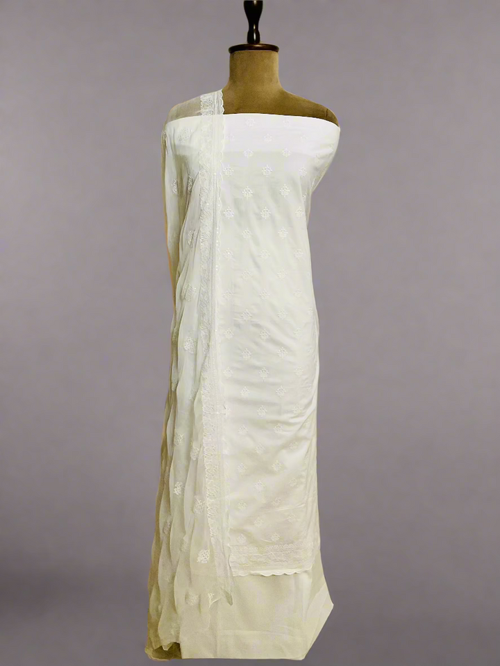 White Cotton Embroidery Unstitched Suit
