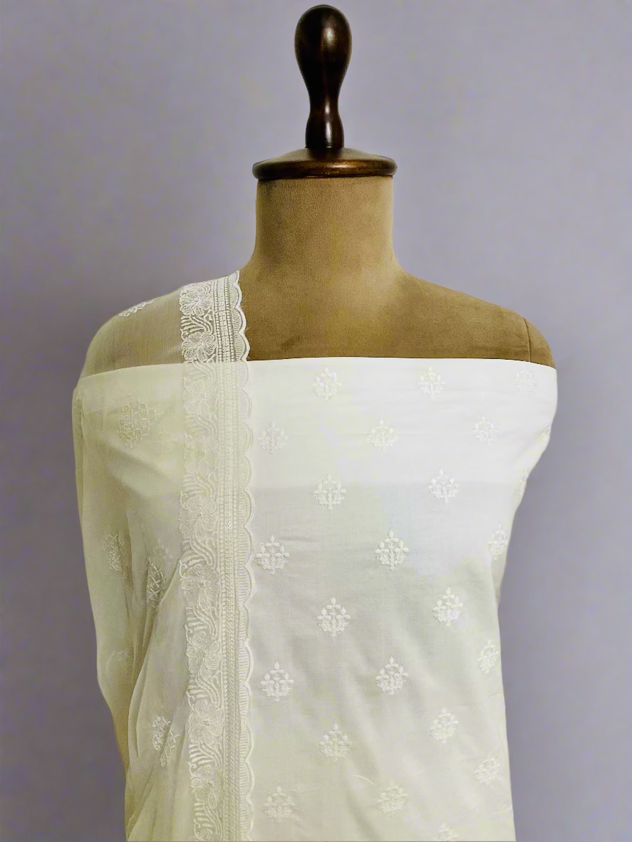 White Cotton Embroidery Unstitched Suit