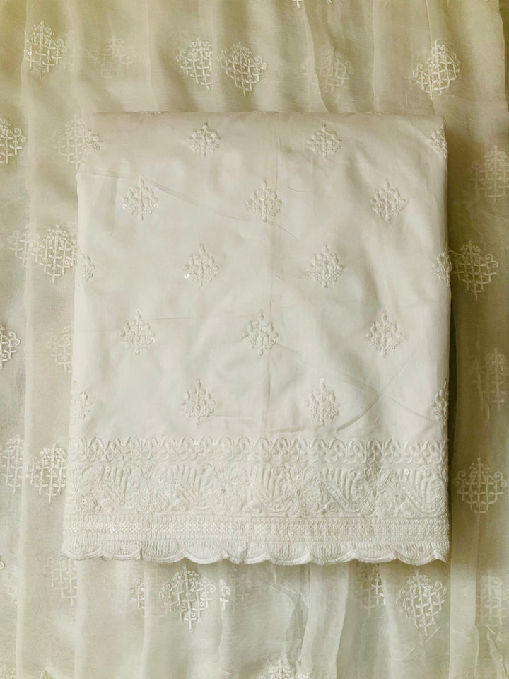 White Cotton Embroidery Unstitched Suit