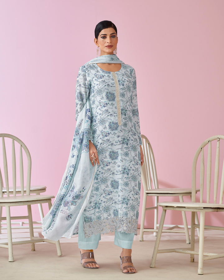 1923 - Elegant Blue Muslin Suit Set with Delicate Floral Print & Dupatta