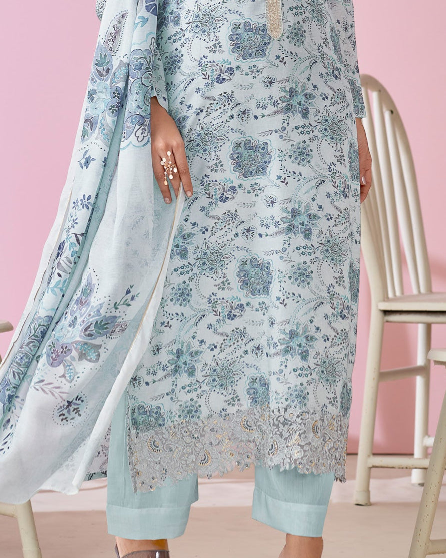 1923 - Elegant Blue Muslin Suit Set with Delicate Floral Print & Dupatta