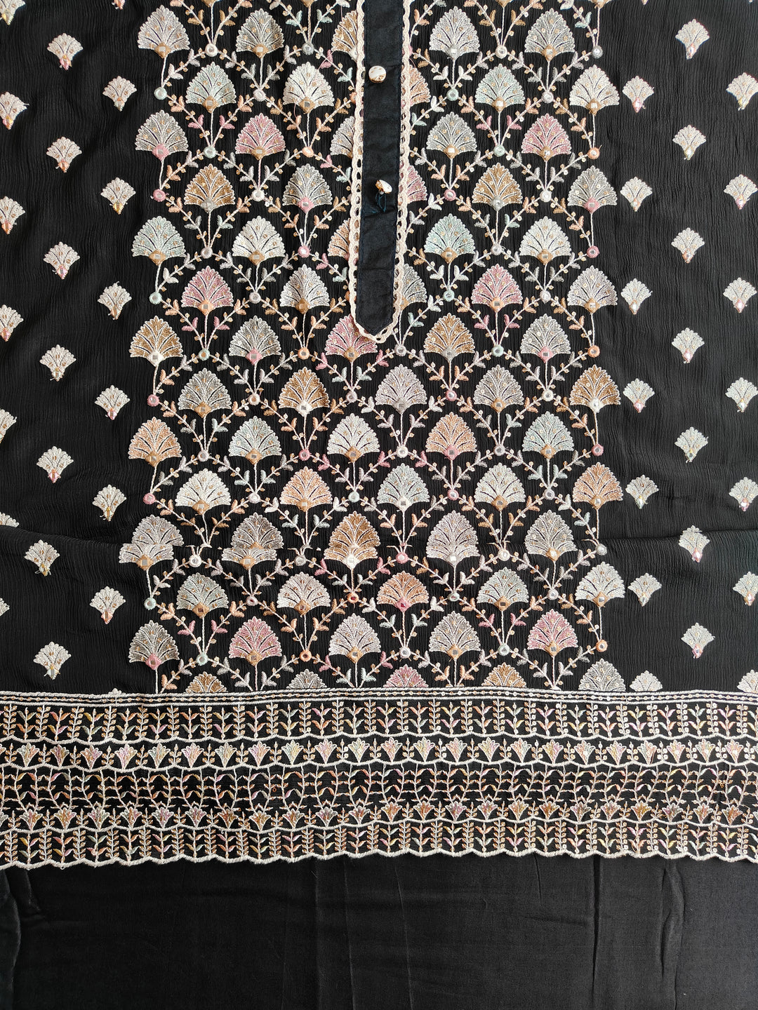 Chinnon Embroidery Black Unstitched Salwar Suits