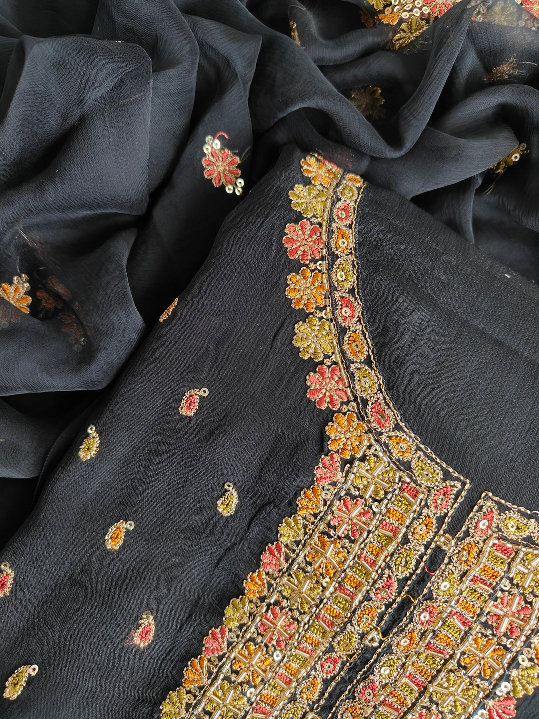 Chinnon Embroidery Black Unstitched Salwar Suits