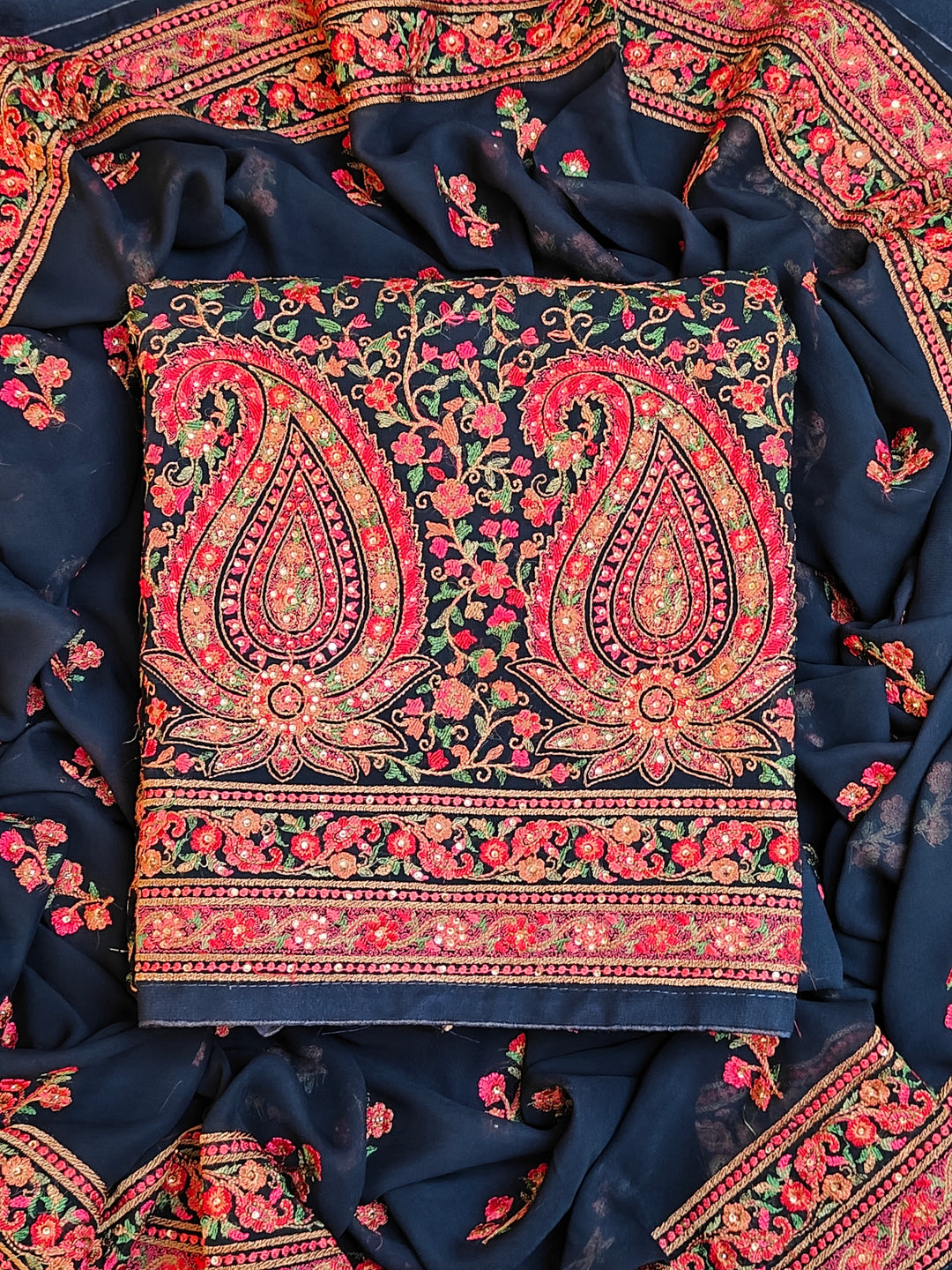 Fazals Navy Blue Georgette Embroidered Unstitched Salwar Suit