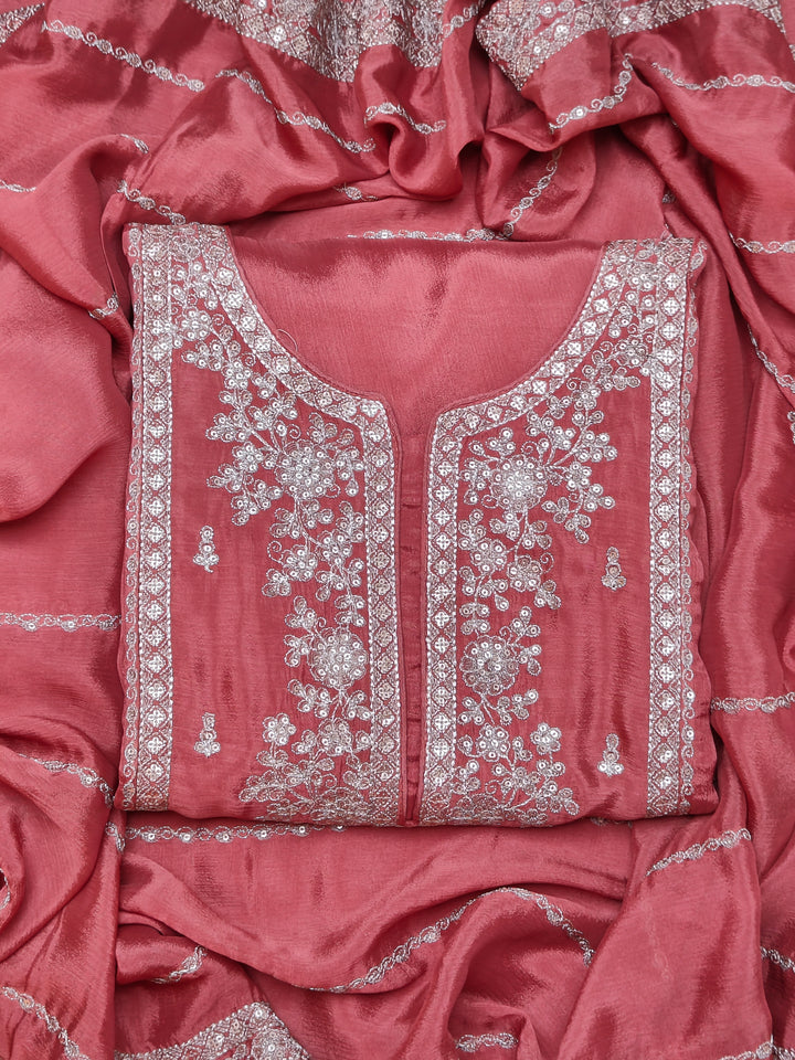 Pink Embroidery Chinnon Unstitched Salwar Suit